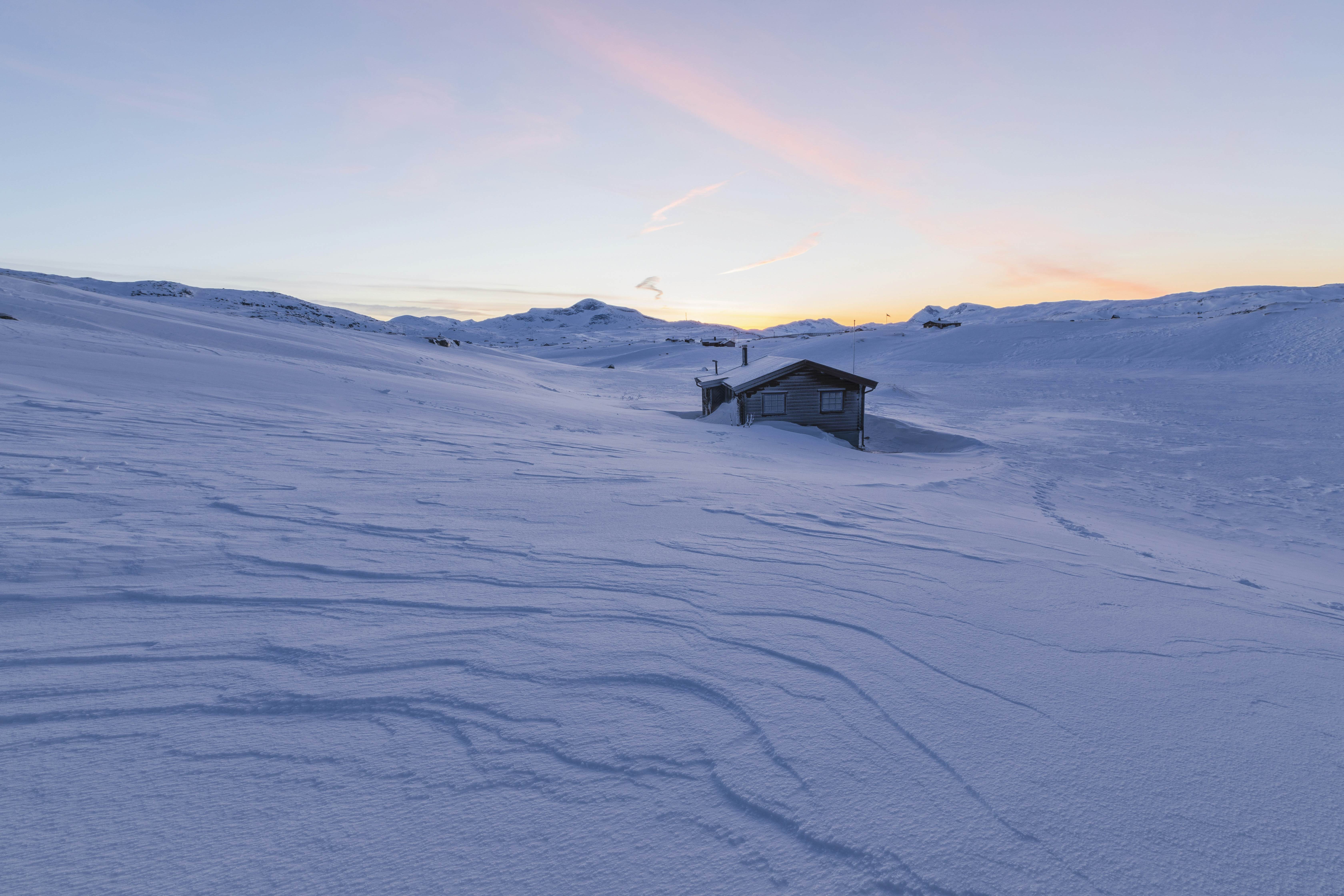 Isolated house in the snow, Riksgransen, Abisko, Kiruna Municipality, Norrbotten County, Lapland, Sweden